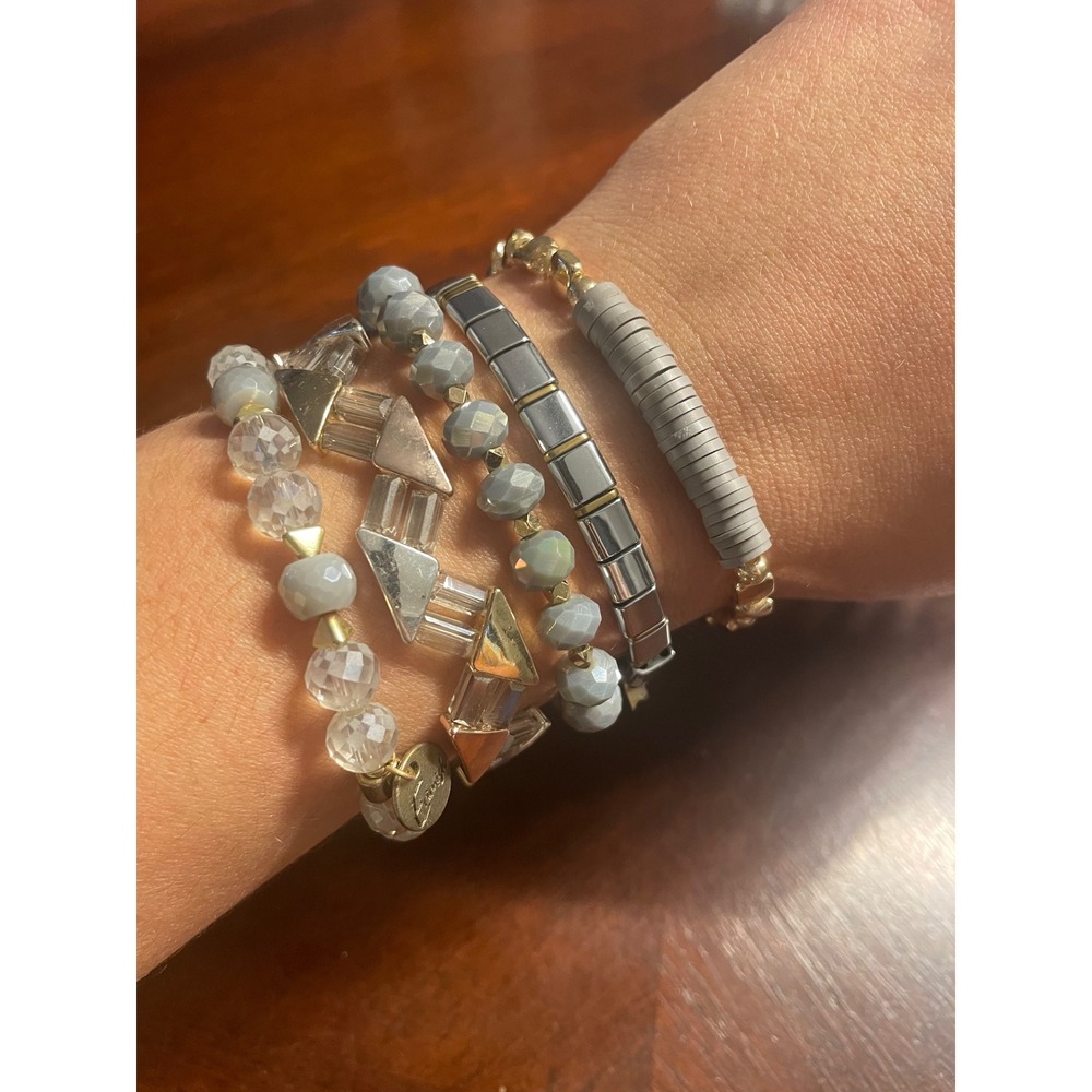 Erimish Grey Silver Gold Beaded Stretch Bracelet Stack Multi Piece Set w Pouch